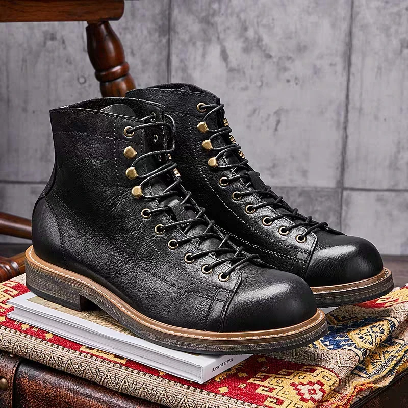 Leather Work Boots - Botas masculinas artesanais britânicas de tamanho