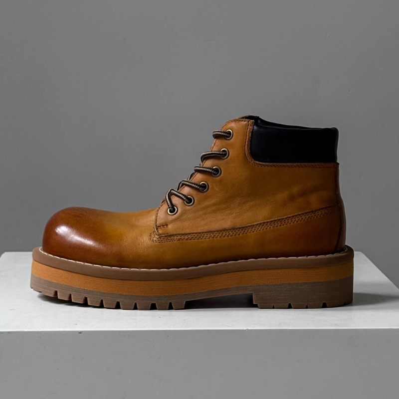 Leather Work Boots - Botas masculinas estilo britânico, marrom, retrô,