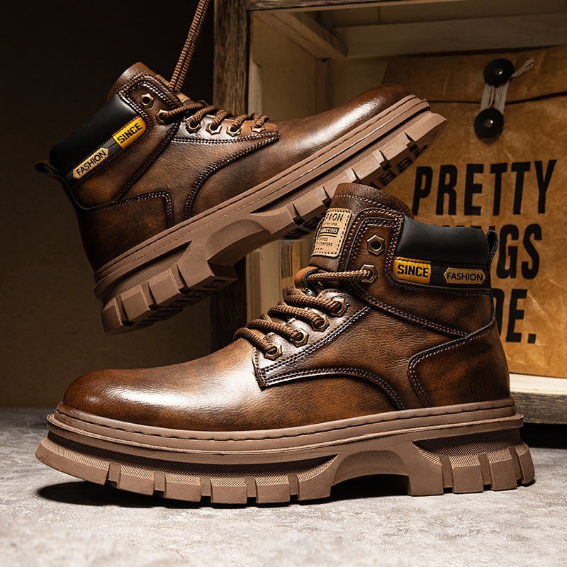 Leather Work Boots - Botas de tornozelo de plataforma masculina