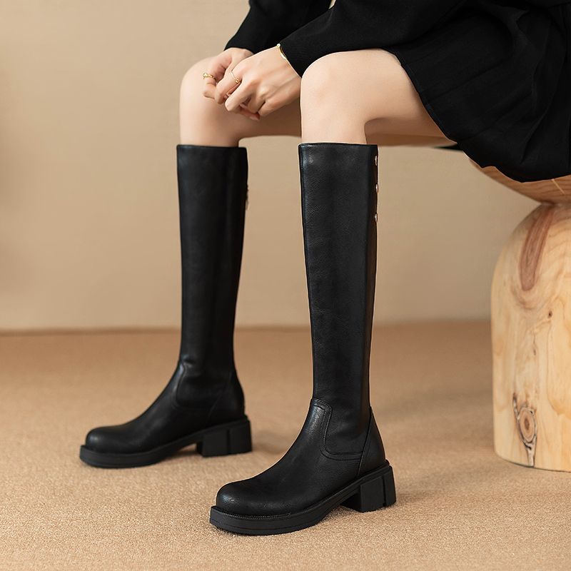 Leather Work Boots - Outono inverno salto médio senhoras joelho